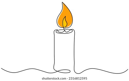Candle burning continuous one line drawing. Vector illustration isolated on white.