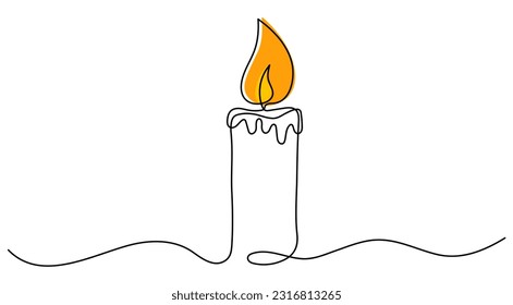 Candle burning continuous one line drawing. Vector illustration isolated on white.