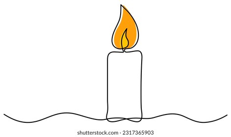 Candle burning continuous one line drawing. Vector illustration isolated on white.