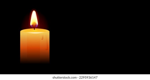 Candle burning in the dark. Yellow candle on black background. Funeral, memorial candle with melted wax. Banner for condolence obituary message. Mourning. Candle flame at night. Remembrance day.