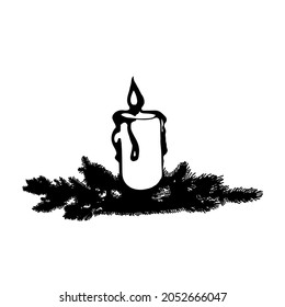 A candle burning with fir branches on a white background.Vector illustration in doodle style, silhouette.The candle can be used in festive designs.