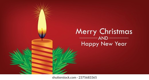 Candle, Burning Fire, Light Garlands and Fir Tree Branches on Red Background