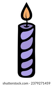Candle. Burning flame of a purple twisted candle. Decoration for a birthday cake. Color vector illustration. Cartoon style. Isolated background. Idea for web design, invitations, postcards.