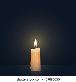Candle burning, melting, orange colored. Vector Illustration on dark background.