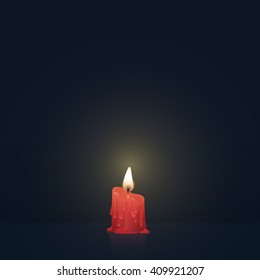 Candle burning, melting, red colored. Vector Illustration on dark background.