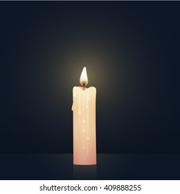 Candle burning, melting, soft pink colored. Vector Illustration on dark background.