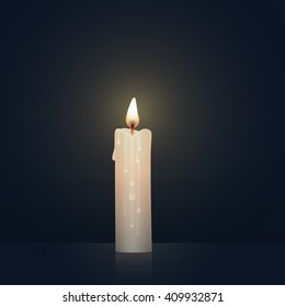 Candle burning, melting, white colored. Vector Illustration on dark background.
