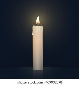 Candle burning, melting, white colored. Vector Illustration on dark background.