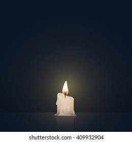 Candle burning, melting, white colored. Vector Illustration on dark background.