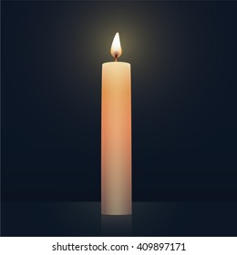 Candle burning, new, orange colored. Vector Illustration on dark background.