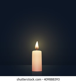 Candle burning, new, soft pink colored. Vector Illustration on dark background.
