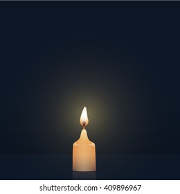 Candle burning, new tip, orange colored. Vector Illustration on dark background.