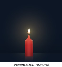 Candle burning, new tip, red colored. Vector Illustration on dark background.