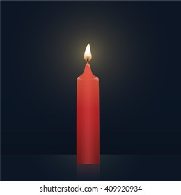 Candle burning, new tip, red colored. Vector Illustration on dark background.