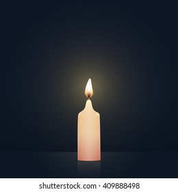 Candle burning, new tip, soft pink colored. Vector Illustration on dark background.