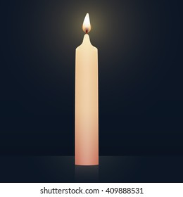 Candle burning, new tip, soft pink colored. Vector Illustration on dark background.