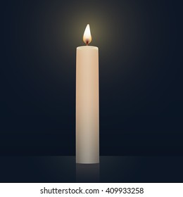 Candle burning, new, white colored. Vector Illustration on dark background.