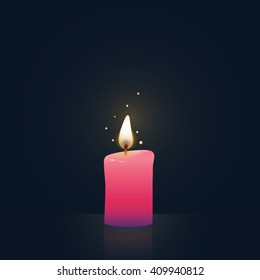 Candle burning, pink colored. Vector Illustration on dark background.