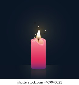 Candle burning, pink colored. Vector Illustration on dark background.