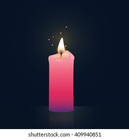 Candle burning, pink colored. Vector Illustration on dark background.