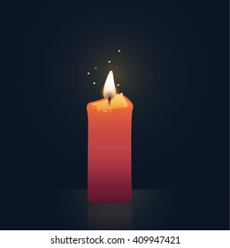 Candle burning, red colored. Vector Illustration on dark background.
