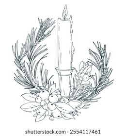 Candle burning in a vintage candlestick with pine and snowberry branches. Line art is a simple hand-drawn illustration in black and white ink. Composition, arrangement vector EPS, Christmas, New Year