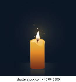 Candle burning, yellow colored. Vector Illustration on dark background.