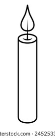 Candle for candlestick. Burning straight wick. Hot flame. Sketch. Vector illustration. Outline on isolated background. Coloring book for children. Wax attribute for celebrations and sacraments. 