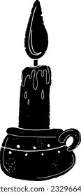 Candle in a candlestick, cartoon. Black hand drawn linocut style, grunge rough old texture. Element for design. Halloween design.