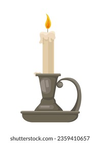 Candle in candlestick concept. Element of decor and interior. Ancient light and fire holder for night and dusk. Poster or banner. Cartoon flat vector illustration isolated on white background