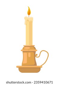 Candle in candlestick concept. Element of decor and interior. Golden holder with wax burning object. Template, layout and mock up. Cartoon flat vector illustration isolated on white background
