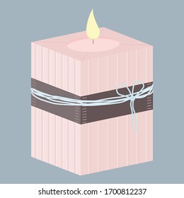 Candle. Candlestick. Fire. Romance. Pink wooden candle holder. Vector illustration. The comfort of home by candlelight. Home evening by candlelight.