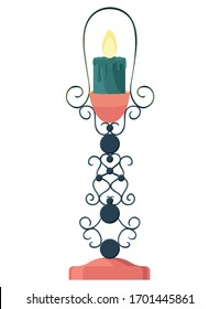 Candle. Candlestick. Forged candlestick with a candle. Metal. A cozy evening. The comfort of home by candlelight. Home evening by candlelight. Candlelight. Artificial light. Bright light. lighting.
