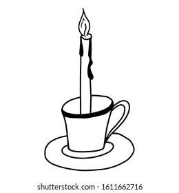 Candle in a candlestick with a handle. Hand-drawn drawing . Black and white image isolated on a white background. Holiday candles. New year, Christmas, Halloween.Burning candle. Vector