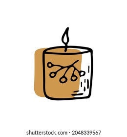 Candle in a candlestick with a rowan branch burns, brown color shape behind. Doodle vector illustration. Outline icon. Autumn or winter mood