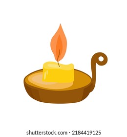 Candle in candlestick simple vector cartoon flat style illustration, clipart useful for Christmas or Halloween holiday decoration, witchcraft attribute doodle hand drawn image, gothic mystical design