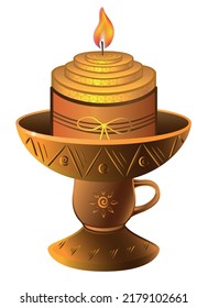 Vela en candlestick - imagen vectorial. Una vela ecológica con etiqueta y arco. Lámpara casera en un candelabro de arcilla