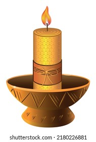 Vela en candlestick - imagen vectorial. Una vela ecológica con un arco. Lámpara casera en un candelabro de arcilla