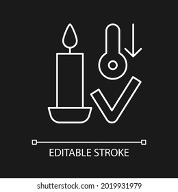 Candle care white linear manual label icon for dark theme. Thin line customizable illustration for product use instructions. Isolated vector contour symbol for night mode. Editable stroke