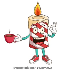 Candle cartoon character holding a cup of coffee with ok hand sign and funny smile face