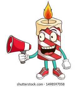 Candle cartoon character holding megaphone with funny smile face