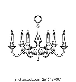 candle chandelier illustration hand draw style in vintage engraved sketch outline style.