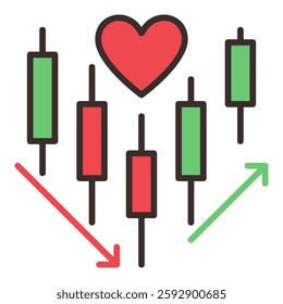 Candle chart with Red Heart and arrows vector concept colored icon or design element