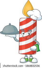 A candle chef cartoon mascot design with hat and tray. Vector illustration