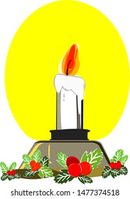 candle and Christmas bouquet, leaves and cherry red, orange, isolated from a white background