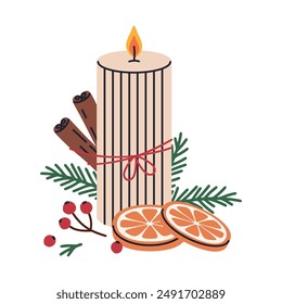 Candle with Christmas decorations. Xmas scented wax candle, aroma winter holiday interior decor flat vector illustration. Hand drawn wax candle