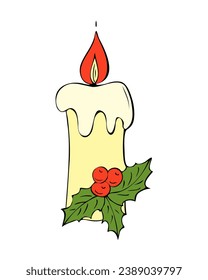 Candle with Christmas holiday decoration with Poinsettia star. Colors art  drawing doodles. For Christmas card.