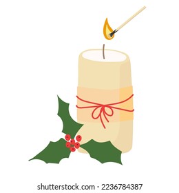 Candle with Christmas plant. Cozy home accessory, Decoration for Christmas holiday. Hygge decoration. Holly red berries and leaf, candle, burning match. Winter holidays card template.