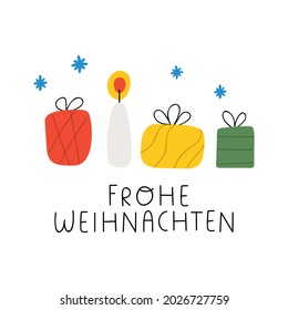 Candle and Christmas presents. Frohe weihnachten it's mean Merry Christmas in German. Hand drawn vector illustration.