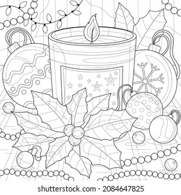 Candle with Christmas toys and holly berries.Coloring book antistress for children and adults. Illustration isolated on white background.Zen-tangle style. Hand draw